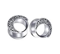 Aotiwe 1 Pair Glass Plugs 00G, Ear Tunnels Silver 10mm Vintage Filigree Moon Shape Stainless Steel