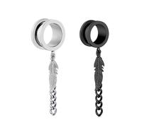 Aotiwe 1 Pair Plugs Gauges 5/8 Inch, Stainless Steel Plug Silver Black 16mm Round with Chain and Leaf Pendant