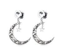 Aotiwe 1 Pair Tunnels Gauges 1 Inch, Tunnel Plugs for Ears Silver 25mm Vintage Moon and Star Dangle Stainless Steel