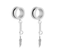 Aotiwe 1 Pair Unique Gauges for Men 00G, Stainless Steel Ear Piercing Kit Silver 10mm Round with Chain and Leaf Pendant