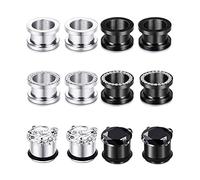 Aotiwe 12 pcs Gauges for Ears Cute 00G, Stainless Steel Plugs Silver Black 10mm Hoop with Cubic Zirconia