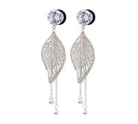 Aotiwe 2 pcs 00G Gauges, Ear Tunnels Silver 10mm Leaf Dangle with Cubic Zirconia Stainless Steel