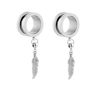 Aotiwe 2 pcs 3/4 Ear Tunnels, Silver Ear Plugs 20mm Round with Leaf Pendant Stainless Steel