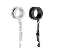 Aotiwe 2 pcs Gauges 00 for Women, Gauges for Ears Cute Silver Black 10mm Round with Chain and Cone Pendant Stainless Steel