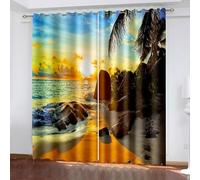 Aotiwe Black Out Curtain, Curtain for Living Room Blue Orange Brown Sunset Beach Rock Landscape Polyester 2 Panels 84x84inch