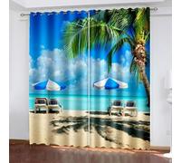 Aotiwe Black Out Curtains Bedroom Window, Kitchen Curtains Set Blue Green Beige Palm Tree Beach Chairs Sea Landscape Polyester 2 Panels 108x90inch