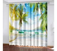 Aotiwe Blackout Curtain Set, Boho Curtains Living Room Blue Green Palm Trees Sea Wave Landscape Polyester 2 Panels 108x108inch