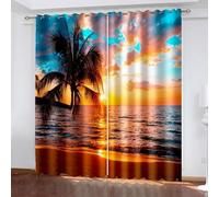Aotiwe Blackout Curtains Set, Room Curtains Blackout Orange Brown Blue Sunset Palm Trees Sea Beach Landscape Polyester 2 Panels 184x108inch