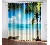Aotiwe Curtain Panel Set, Mens Blackout Curtains Blue Green Beige Seaside Palm Trees Beach Landscape Polyester 2 Panels 120x108inch