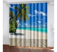 Aotiwe Curtains Elegant, Curtain Panel Set Blue Green Beige Wooden Board Palm Tree Seaside Landscape Polyester 2 Panels 108x84inch