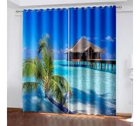 Aotiwe Curtains for Bedroom Blackout, Curtains Set Blue Green Brown Sea Villa and Palm Tree Landscape Polyester 2 Panels 120x108inch