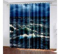 Aotiwe Curtains Kitchen Window, Room Curtains Modern Dark Green Blue Ocean Wave Polyester 2 Panels 84x72inch