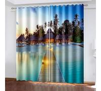 Aotiwe Curtains Living Room Set, Patio Curtains Blue Green Brown Beach Wooden Bridge and Palm Trees Landscape Polyester 2 Panels 192x108inch
