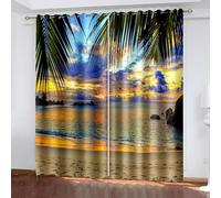 Aotiwe Elegant Modern Curtains, Kitchen Curtains Set Multicolor Sunset Beach Palm Leaves Landscape Polyester 2 Panels 168x108inch