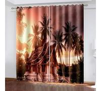 Aotiwe Farmhouse Curtains Kitchen Window, Dining Room Curtains Summer Grey Yellow Brown Vintage Building Coconut Trees Landscape Polyester 2 Panels 84x84inch