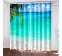 Aotiwe Farmhouse Curtains Living Room, Curtain Panel Set Blue Green Sea Palm Leaves Landscape Polyester 2 Panels 108x96inch