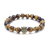 Aotiwe Gold Plated Bracelets for Men, Fun Bracelet Trendy Owl Beaded Bracelet Brown 17.7cm with Round Tiger Eye