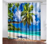 Aotiwe Kitchen Curtain Set, Floor Length Curtains Summer Blue Green Seaside Palm Tree Beach Landscape Polyester 2 Panels 184x108inch