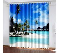 Aotiwe Kitchen Curtains Set, Modern Vintage Curtains Blue Green Grey Sea Wooden House Palm Trees Landscape Polyester 2 Panels 108x72inch