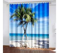 Aotiwe Kitchen Window Curtain, Kitchen Window Curtain Set Beige Blue Green Palm Trees Sea Beach Landscape Polyester 2 Panels 184x108inch