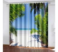 Aotiwe Kitchen Window Curtain Set, Farmhouse Kitchen Curtains Blue Green Palm Trees Seaside Landscape Polyester 2 Panels 108x72inch
