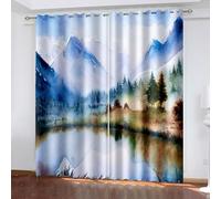 Aotiwe Kitchen Window Curtains Vintage, Window Curtain Set Blue Green White Mountain and Lake Landscape Polyester 2 Panels 68x90inch