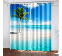 Aotiwe Living Room Curtains Country, Curtain Panel Set Blue Green Beige Sea Beach Palm Tree Landscape Polyester 2 Panels 168x108inch