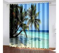 Aotiwe Living Room Curtains for Women, Window Curtain Set Blue Green Palm Trees Sea Landscape Polyester 2 Panels 184x108inch