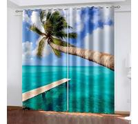 Aotiwe Living Room Drapes Set, Blackout Shades for Windows Blue Green Seaside Palm Trees and Wooden Bridge Landscape Polyester 2 Panels 108x90inch