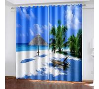 Aotiwe Modern Curtains for Bedroom, Curtain Panel Set Blue Green Seaside Palm Trees and Beach Chairs Landscape Polyester 2 Panels 184x108inch