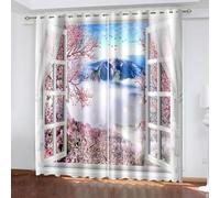 Aotiwe Modern Living Room Curtains, Western Curtains Bedroom Pink White Window Frame Flowers and Mountain Scenery Polyester 2 Panels 108x90inch