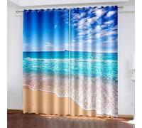 Aotiwe Room Darkening Curtains Bedroom, Bedroom Window Curtains Blue Beige Sea Wave Beach Scenery Polyester 2 Panels 80x54inch