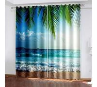Aotiwe Room Darkening Curtains Bedroom, Vintage Curtains Green Palm Leaves Sea Wave Beach Scenery Polyester 2 Panels 68x63inch