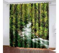 Aotiwe Sliding Door Curtain, Green Kitchen Curtains Wood and Stream Landscape Polyester 2 Panels 84x63inch
