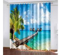 Aotiwe Sliding Door Curtain, Room Darkening Curtains Travel Blue Green Palm Tree Sea Scenery Polyester 2 Panels 120x108inch