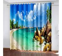 Aotiwe Sliding Door Curtains Modern, Fall Curtains for Living Room Blue Green Brown Sea Beach Trees and Rocks Scenery Polyester 2 Panels 68x84inch