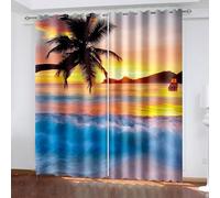 Aotiwe Window Curtain Bathroom, Window Curtain Set Orange Blue Sunset Palm Tree Sea Landscape Polyester 2 Panels 108x72inch