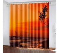 Aotiwe Window Curtain, Window Curtain Set Orange Brown Sunset Palm Trees Sea Landscape Polyester 2 Panels 192x108inch