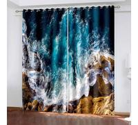 Aotiwe Window Curtains Living Room, Kitchen Curtain Farmhouse Blue White Khaki Rock and Ocean Wave Polyester 2 Panels 168x90inch