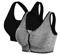 AoToZan 2 Pack Women Sports Bras High Impact Seamless Wireless Padded Yoga Bralette, Zip Front Fastening Workout Running Gym Top Bra (Black Grey, XXL)