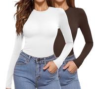 Aottori 2 Pack Womens Long Sleeve Tops Crew Neck Base Layer Undershirts Slim Fit Soft Stretchy Thermal T Shirts White+Brown S