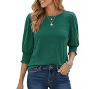 Aottori 3/4 Sleeve Tops for Womens UK Ladies Plain Crew Neck T Shirts Tunic Puff Sleeve Summer Basic Tee Elegant Soft Stretch Pullover Casual Green M