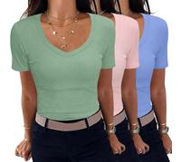 Aottori 3 Pack T Shirts for Women UK Short Sleeve Cotton T-Shirts V Neck Ribbed Basic Tops Ladies Summer Tee Shirt Casual Solid Pink+Blue+Sage Green L