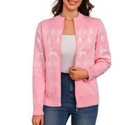 Aottori Christmas Jumpers for Women Zip Up Knit Christmas Cardigans Ladies Open Front Xmas Sweaters Funny Reindeer Snowflakes Knitwear Outwear Pink S