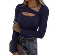Aottori Long Sleeve Tops Women Ribbed Cutout Neck Shirts Ladies Basic Fitted Jumpers Sexy Plain Base Layer Underwear Pullover Tunic Tee Shirt Navy XL