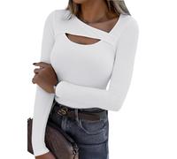 Aottori Long Sleeve Tops Women Ribbed Cutout Neck Shirts Ladies Basic Fitted Jumpers Sexy Plain Base Layer Underwear Pullover Tunic Tee Shirt White XXL