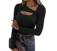 Aottori Long Sleeve Tops Women Ribbed Cutout Neck Shirts Ladies Basic Fitted Jumpers Sexy Plain Base Layer Underwear Pullover Tunic Tee Shirt Black S