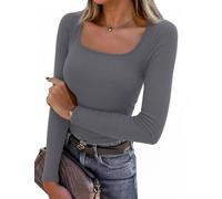 Aottori Long Sleeve Tops Women Ribbed Square Neck Shirts Ladies Cotton Base Layer Underwear Slim Fitted Soft Jersey Pullover Dark Grey XS