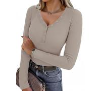 Aottori Long Sleeve Tops Women UK V Neck Ribbed T Shirts Ladies Button Down Basic Blouses Elegant Irregular Fitted Stretch Base Layers Top Apricot S