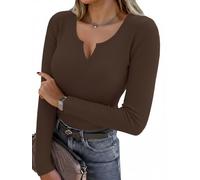 Aottori Long Sleeve Tops Womens UK V Neck Ribbed T Shirts Slim Fit | Basic Tshirts, Soft Knit Base Layer Undershirt, Stretch Fitted Pullover Tunic, Solid Casual Work Wear, Autumn Winter Outfits